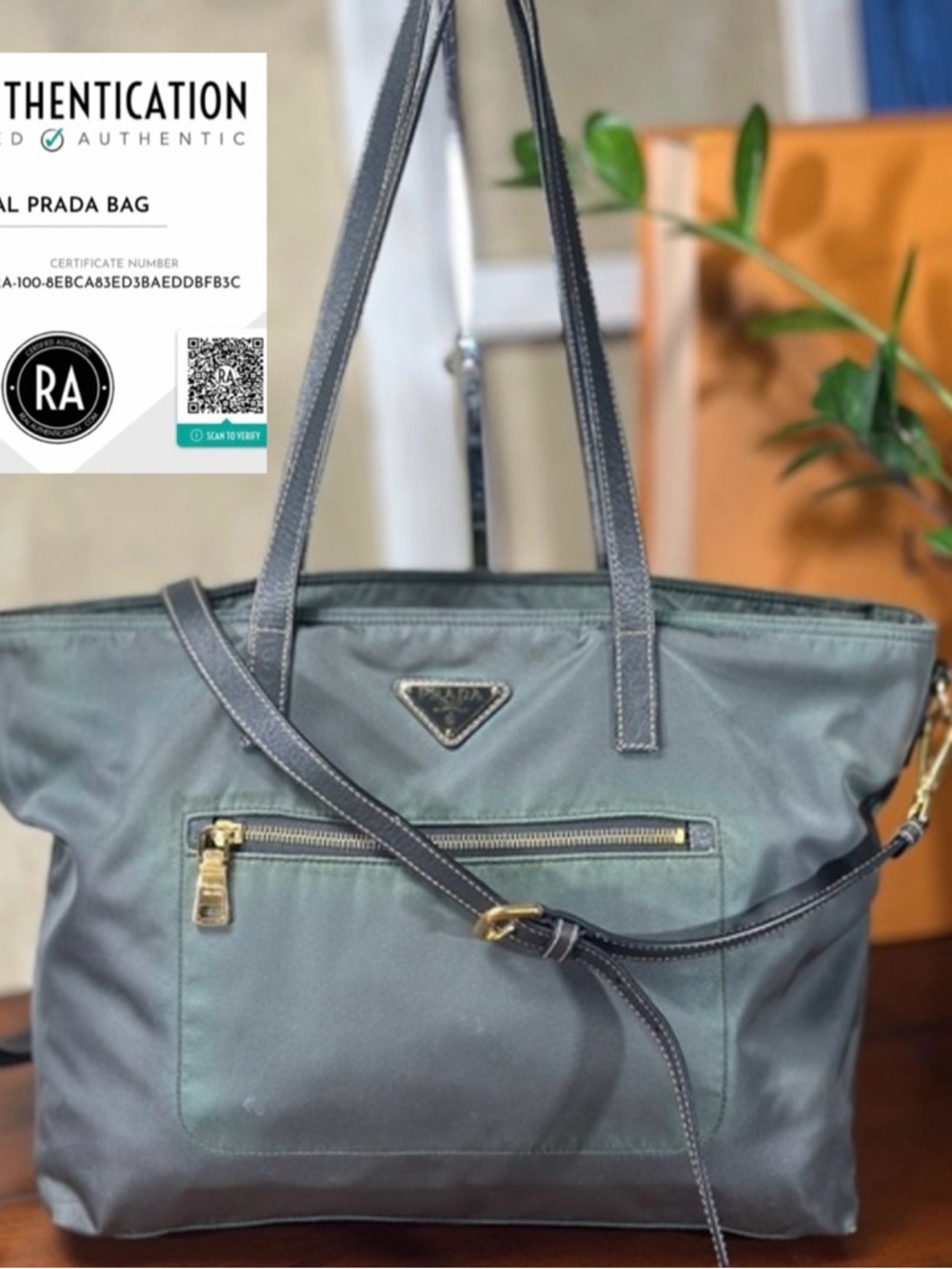 RARE AND AUTHENTIC Prada Tessuto Nylon Saffiano Vela Tote. Color: Olive green